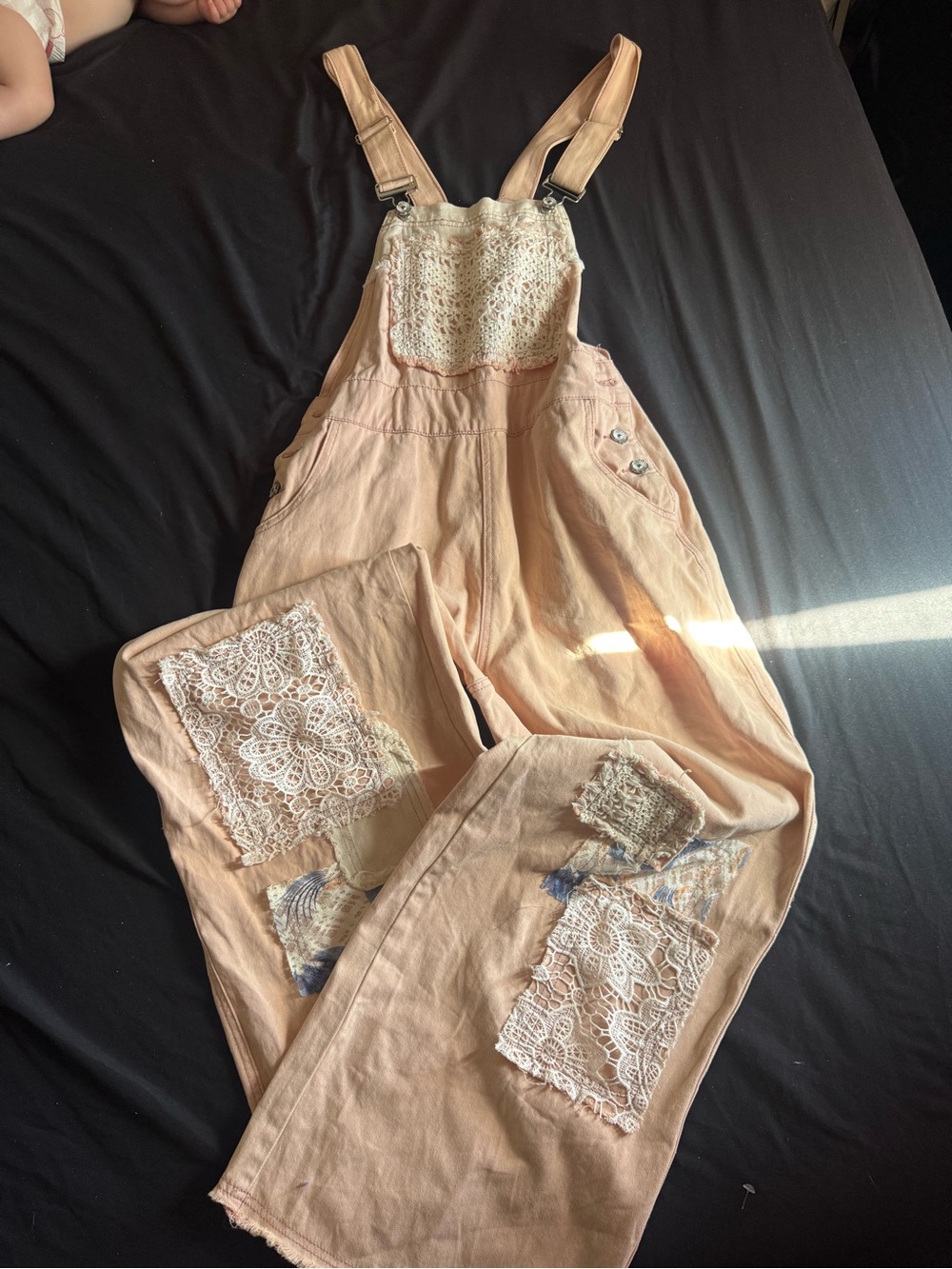 POL Peach Lace-Appliqué Women's Denim Overalls